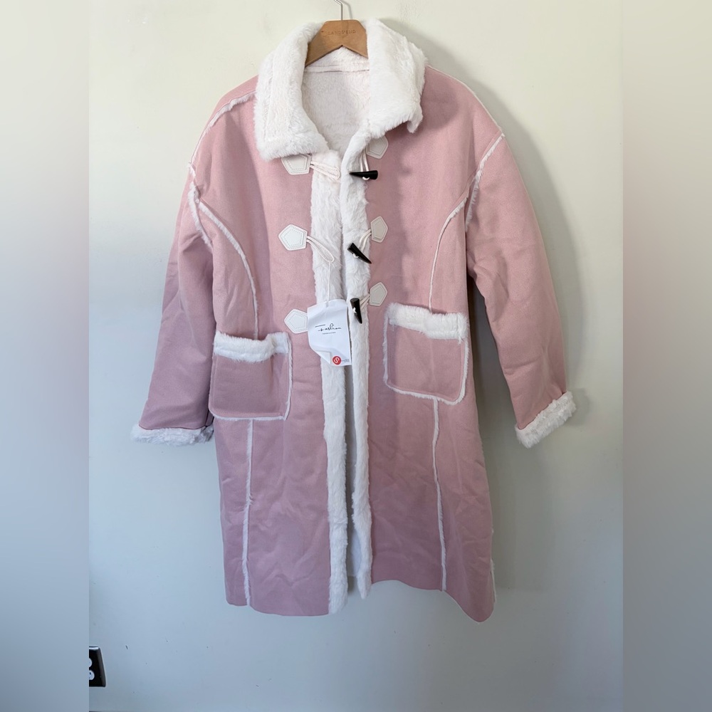 NWT pink suede fleece Sherpa faux fur trench coat S